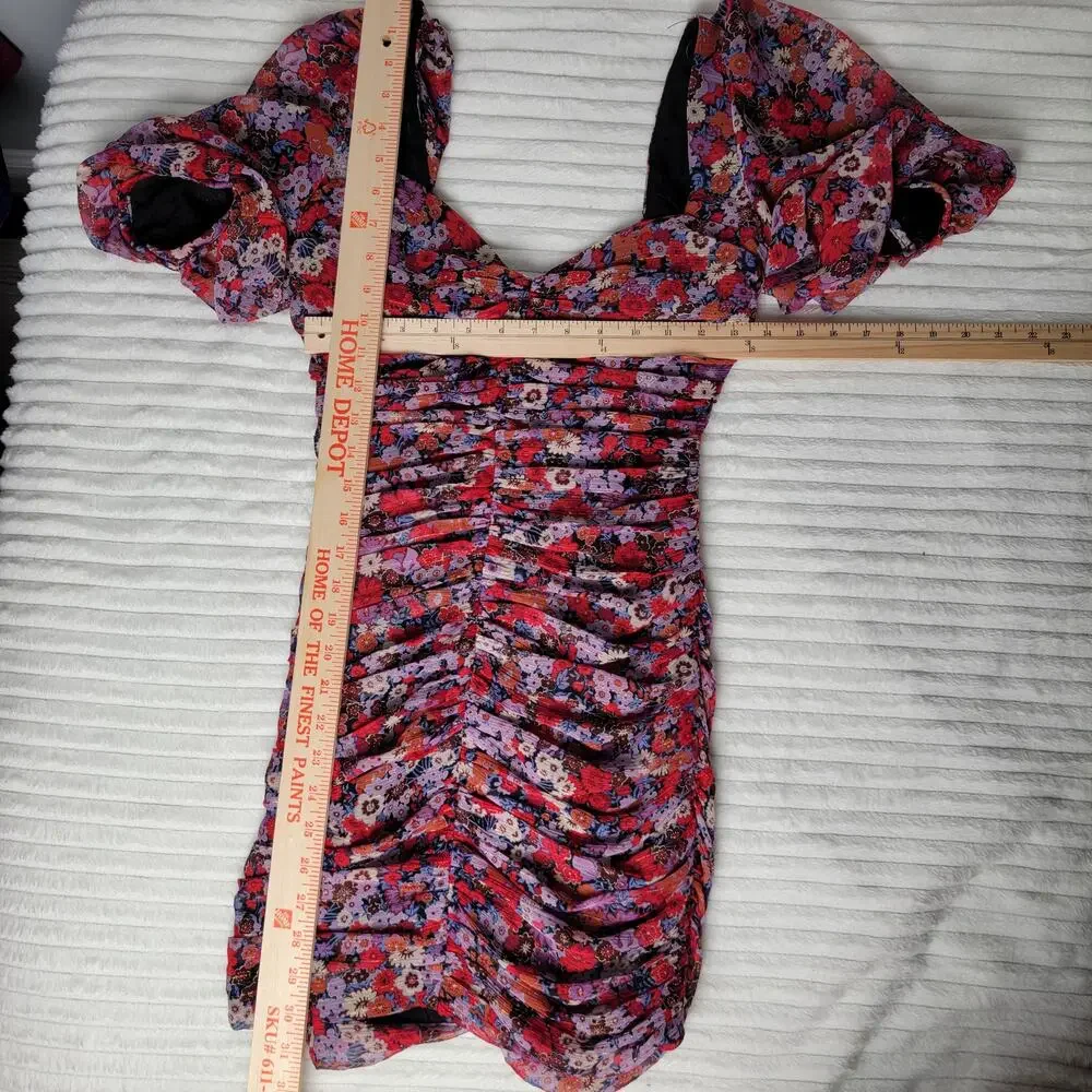 Zara Ruched Floral‎ Puff-Sleeve Mini Dress XS Red Purple Cocktail Party Romantic